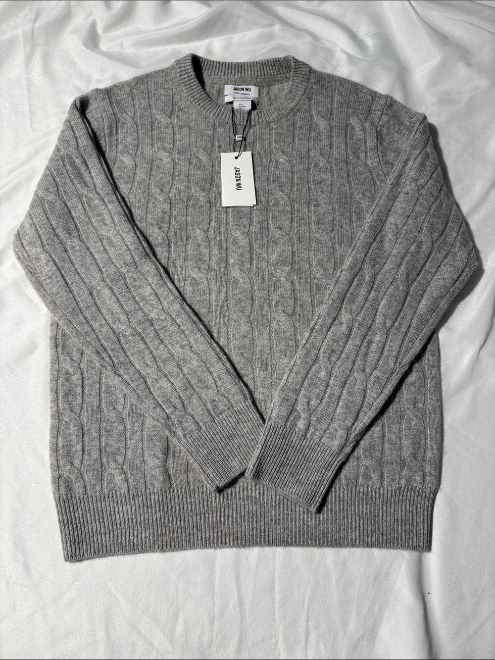 NWT Jason Wu 100% 2-Ply Cashmere Cable Knit Sweater Gray Small Luxury Old Money
